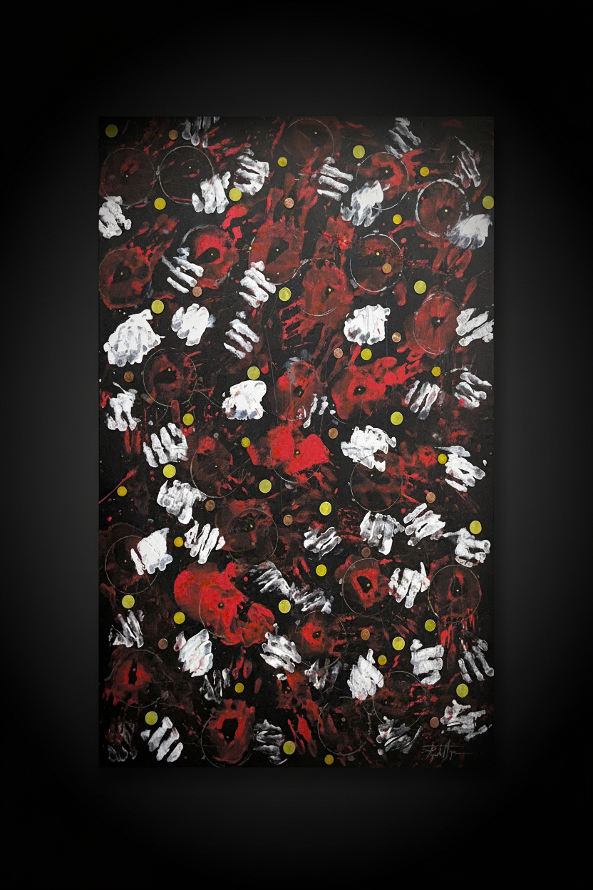 Acrimony abstract painting with dark border and artist signature