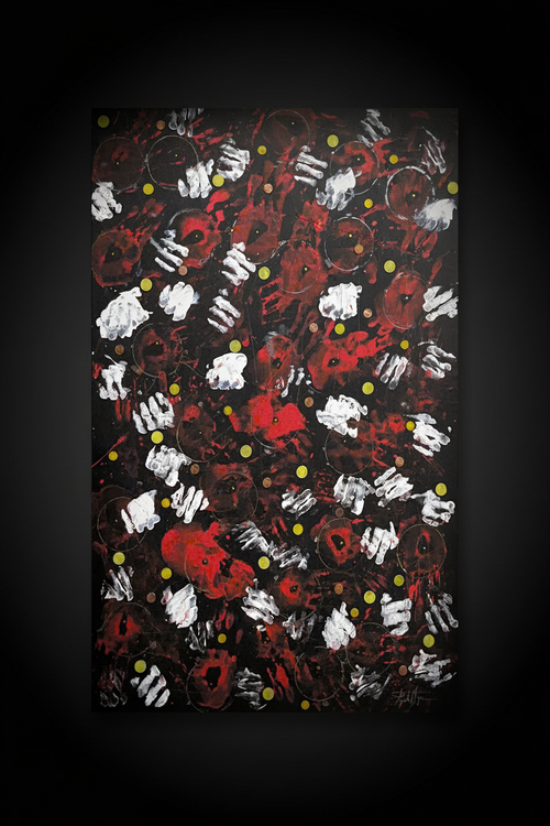 Acrimony abstract painting with dark border and artist signature